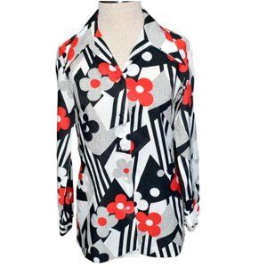 Vintage Bayard Floral Blouse Geometric Black White Red Gray Office Wear Size 12